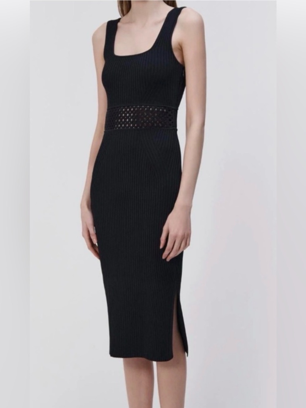 House of Harlow 1960 Black Ribbed Midi Dress with Waist Panel - Picture 2 of 8